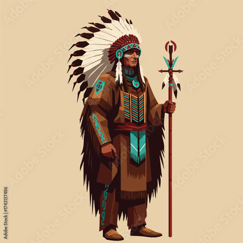 Illustration of a Native American man wearing traditional headdress and holding a ceremonial staff on a beige background