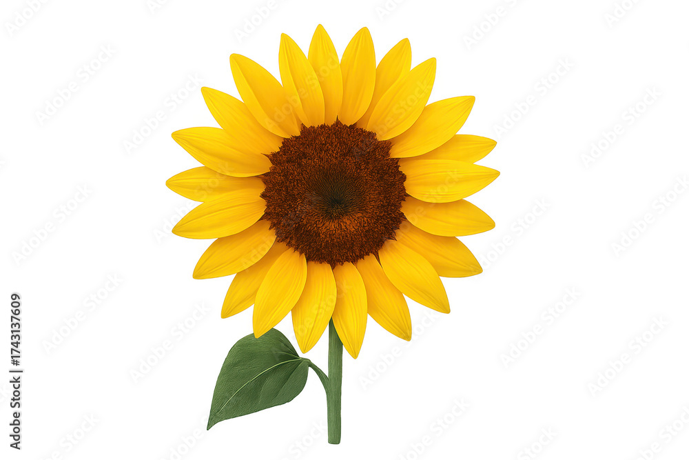 Fototapeta premium Sunflower with yellow petals and green leaf