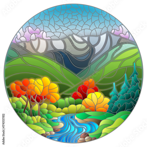 Illustration in the style of a stained glass window with an autumn landscape, a stream, trees and bushes against the background of mountains and the sky