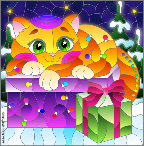 Stained glass window style illustration with cartoon cute cat on the background of the cloudy starry sky and forest
