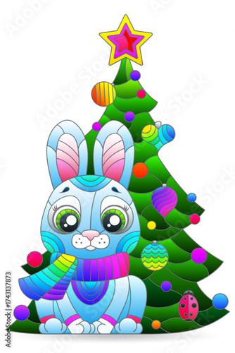 A set of stained glass illustrations with cute bunnies and a Christmas tree, isolated on a white background