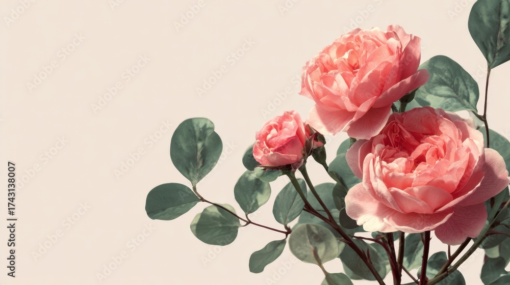 Obraz premium Soft Pink Roses with Green Leaves for Elegant Floral Background