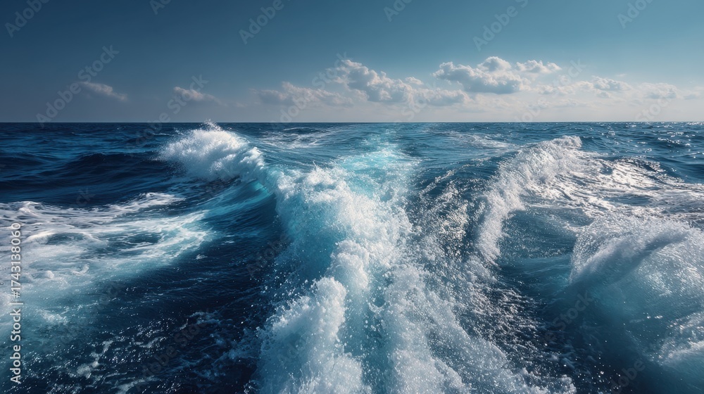 Obraz premium Ocean Waves with Wake Trail Under Clear Blue Sky in Daylight