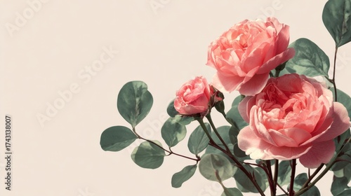 Soft Pink Roses with Green Leaves for Elegant Floral Background