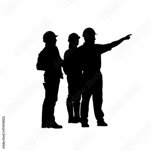 Foreman instructing factory crew safety silhouette on white background isolated on white background