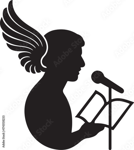 Silhouette of a winged figure reading from an open book at a microphone symbolizing inspiration and public speaking