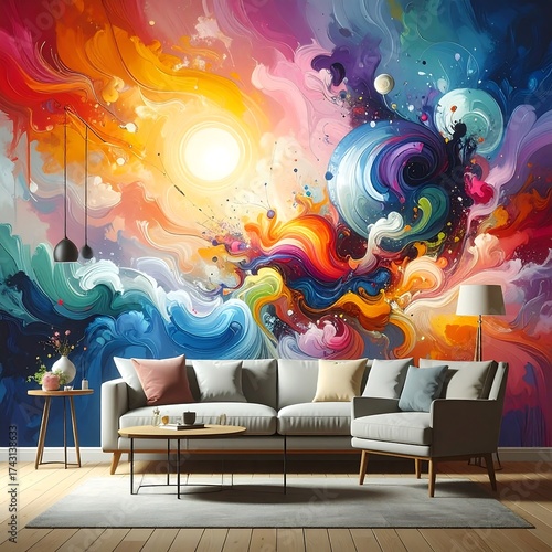 Colorful abstract art mural in a modern living room