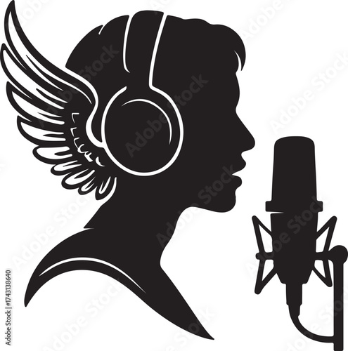 Silhouette of a winged person wearing headphones speaking into a vintage microphone symbolizing voiceover talent and audio recording artistry