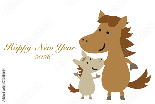 かわいい馬の親子のキャラクターの年賀状
