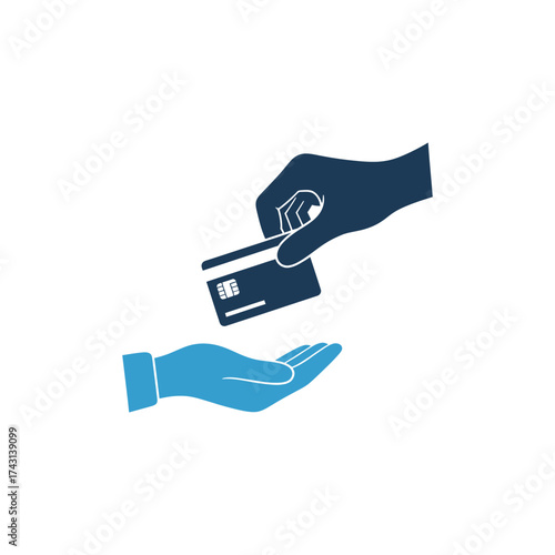 Hand giving credit card to another hand in simple transaction on white backdrop, representing financial exchange and modern payment methods.