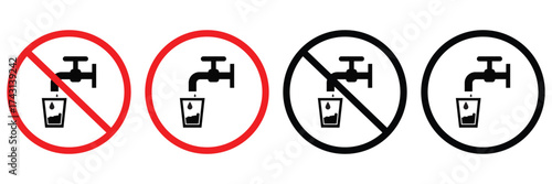 No Drinking Water Sign Vector — Unsafe Tap Water Prohibition Symbol, Not Potable Water Warning 
Icon for Public Safety