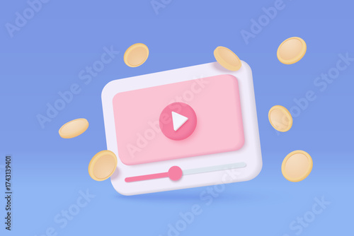 3d social media with live streaming and emotion on browser in blue background. Social media online playing video for make money passive income concept. 3d live entertainment vector render illustration