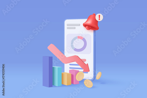 3D pile of money coins and graph with plummeting on mobile phone. Business failure concept, 3d money representation for finance investment. 3d trading smartphone icon vector render illustration