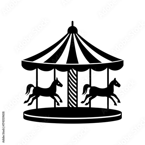 Carousel with horses black and white on transparent background silhouette