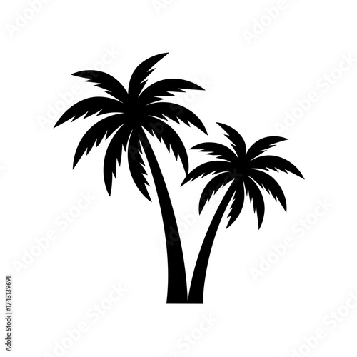 Two palm trees in black silhouette on transparent background