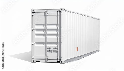 Describe a white shipping container with corrugated metal body, reinforced corners, and locking front doors, placed against a white background. Highlight its role in storage and global transportation.