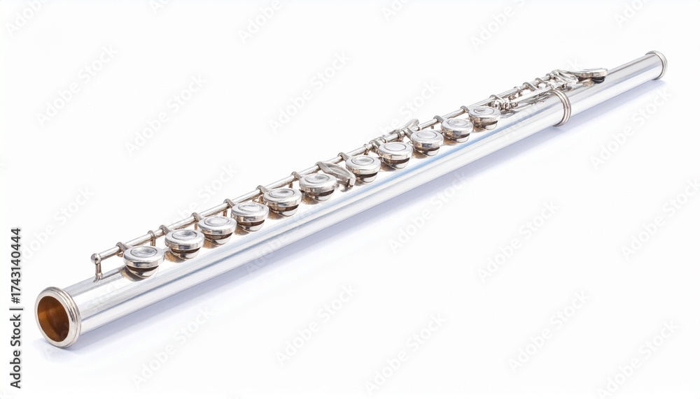 Fototapeta premium Describe a silver flute with cylindrical body, metal keys, and mouthpiece, placed against a white background. Highlight its sleek design and relevance to classical music and woodwind instruments.