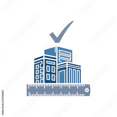 Buildings being measured with a ruler and a checkmark above, symbolizing compliance and accuracy in construction and real estate, conveying trust and assurance.