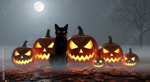 Spooky Black Cat Glowing Halloween Pumpkins in Foggy Night