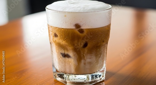 Iced Coffee Drink with White Foam on Wood Table