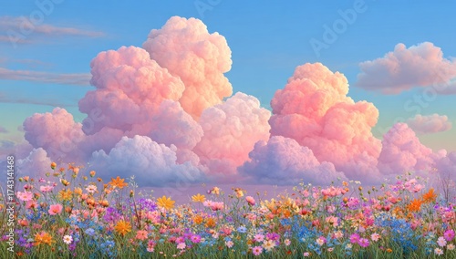 A vibrant field of wildflowers blooms under a sky filled with fluffy, pink-tinged clouds