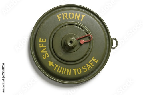 Top View of Green Military Land Mine with Safety Markings – Isolated on White Background