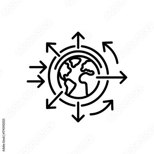 Earth surrounded by arrows pointing outwards representing global reach and expansion in a connected world, symbolizing growth and opportunity.