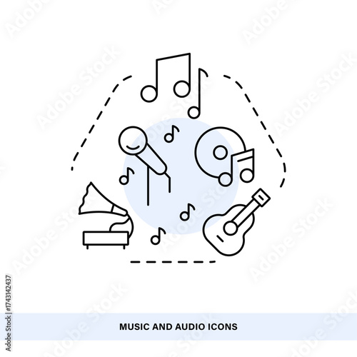 Music and Audio Line Icons Set Microphone, Guitar, Gramophone, CD, Notes