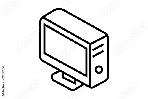 The image displays an isometric line illustration of a desktop computer.