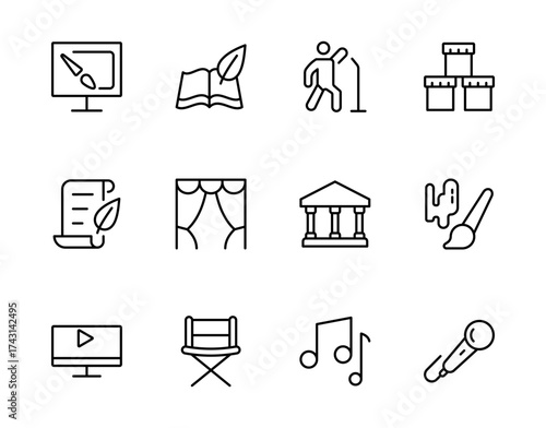 Art and Culture Line Icon Set Creative, Minimal Outline Icons for Design, Music, Theatre, and Literature