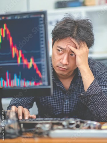 Investor's Dilemma: A concerned investor intently watches a downward trend on a computer screen, with visible stress and worry etched across his face, highlighting the challenges of financial markets.