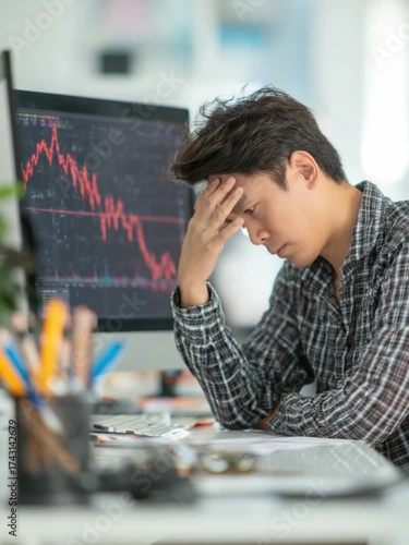 Financial Downfall: A stressed businessman, head in hands, sits at a desk as a graph of financial losses dominates the computer screen, showcasing the weight of economic anxiety.