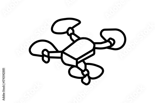 The image shows an isometric line illustration of a drone or quadcopter. It features four propellers attached to extended arms from a central body unit.