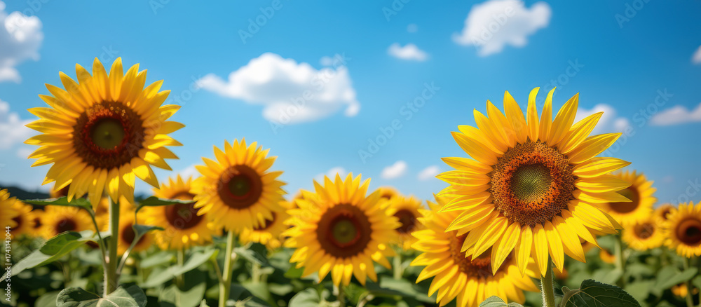 Obraz premium Sunflower field yellow sunflower blue sky cloud green leaf