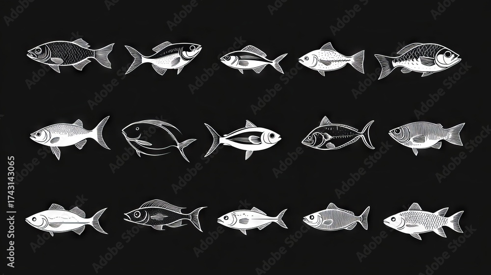 Naklejka premium 61.A creative set of fish icons designed in various artistic styles, from line drawings to solid silhouettes, set against black and white backgrounds to create an eye-catching collection of
