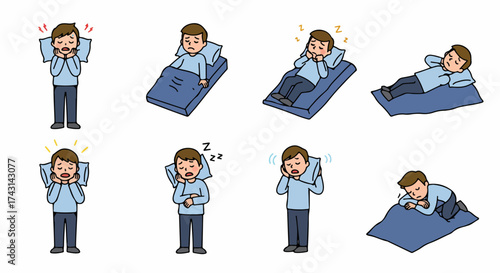 Man feeling tired in various sleeping positions