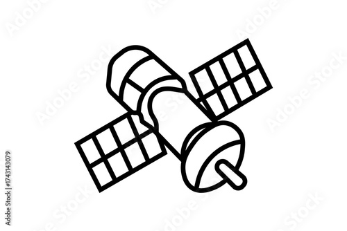 The image shows an isometric line illustration of a satellite equipped with two rectangular solar panels and a cylindrical body.