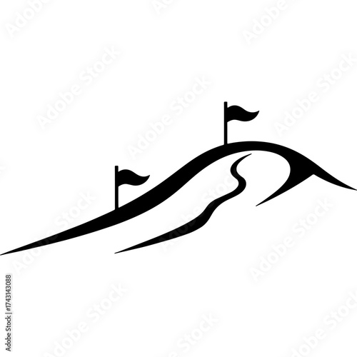 Ski slope marked with flags. Engraving minimalistic vector in black ink drawing on transparent background