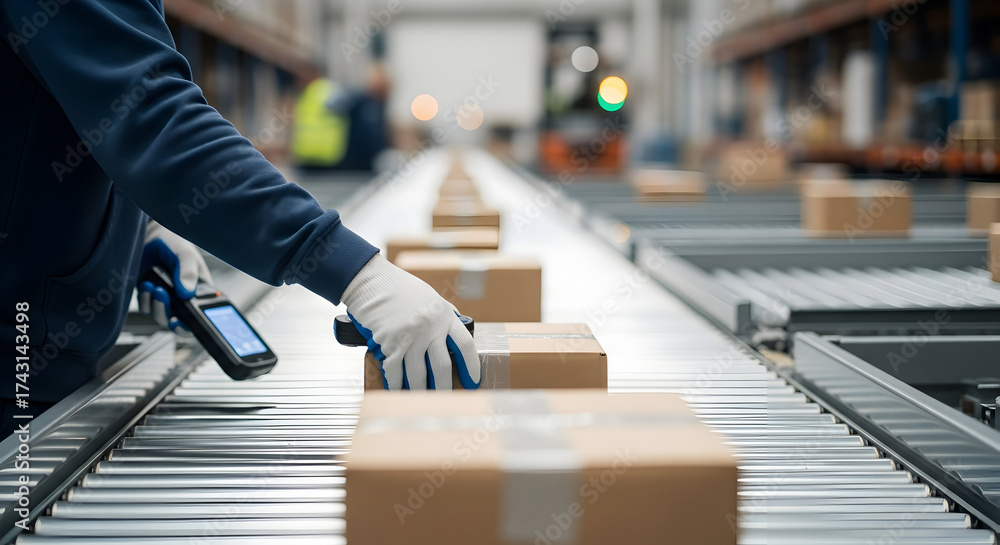Obraz premium Worker Scanning Packages on a Conveyor Belt in a Distribution Warehouse