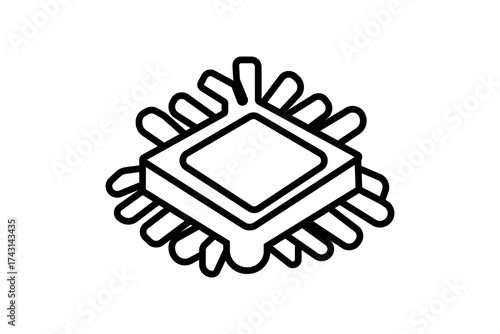The image depicts a black-and-white line illustration of a microchip or processor. It features a square central chip with multiple pins extending outward in all directions, 