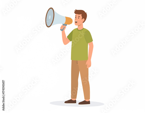 A dynamic cartoon man energetically communicates a loud message through a megaphone, symbolizing protest, leadership, and public announcement