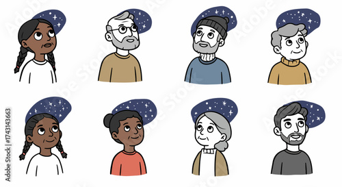 Diverse people daydreaming with starbursts above their heads