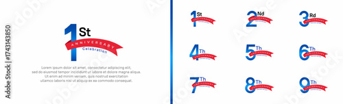 set of anniversary logo style red ribbon. vector design blue color for celebration