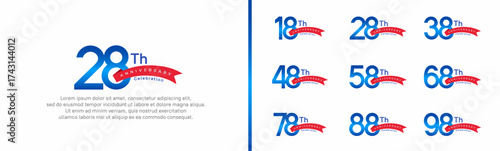 set of anniversary logo style red ribbon. vector design blue color for celebration