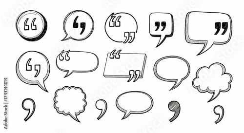 Collection of handdrawn speech bubbles and quotation marks in various shapes and styles, isolated on white background