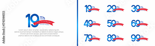 set of anniversary logo style red ribbon. vector design blue color for celebration