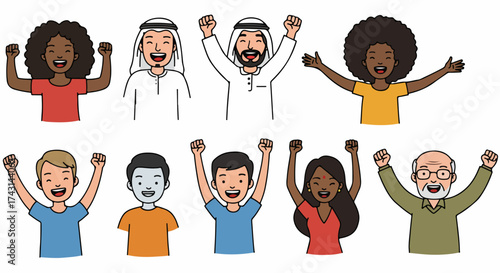 Diverse people celebrating with raised arms