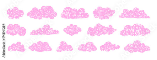 Cotton candy pink clouds in crayon style. Sweet sky illustrations for children apparel or stickers. Birthday decor. Vector illustration.
