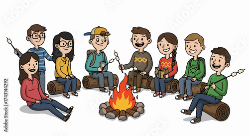 Friends gathering around campfire roasting marshmallows