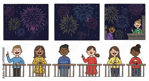 Friends watching fireworks celebration on a balcony